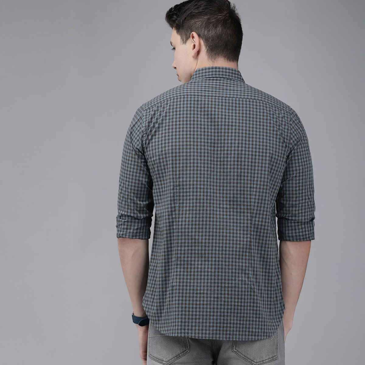 The Bear House Men Slim Fit Checked Button-Down Casual Shirt - Garo | Teal Blue | M