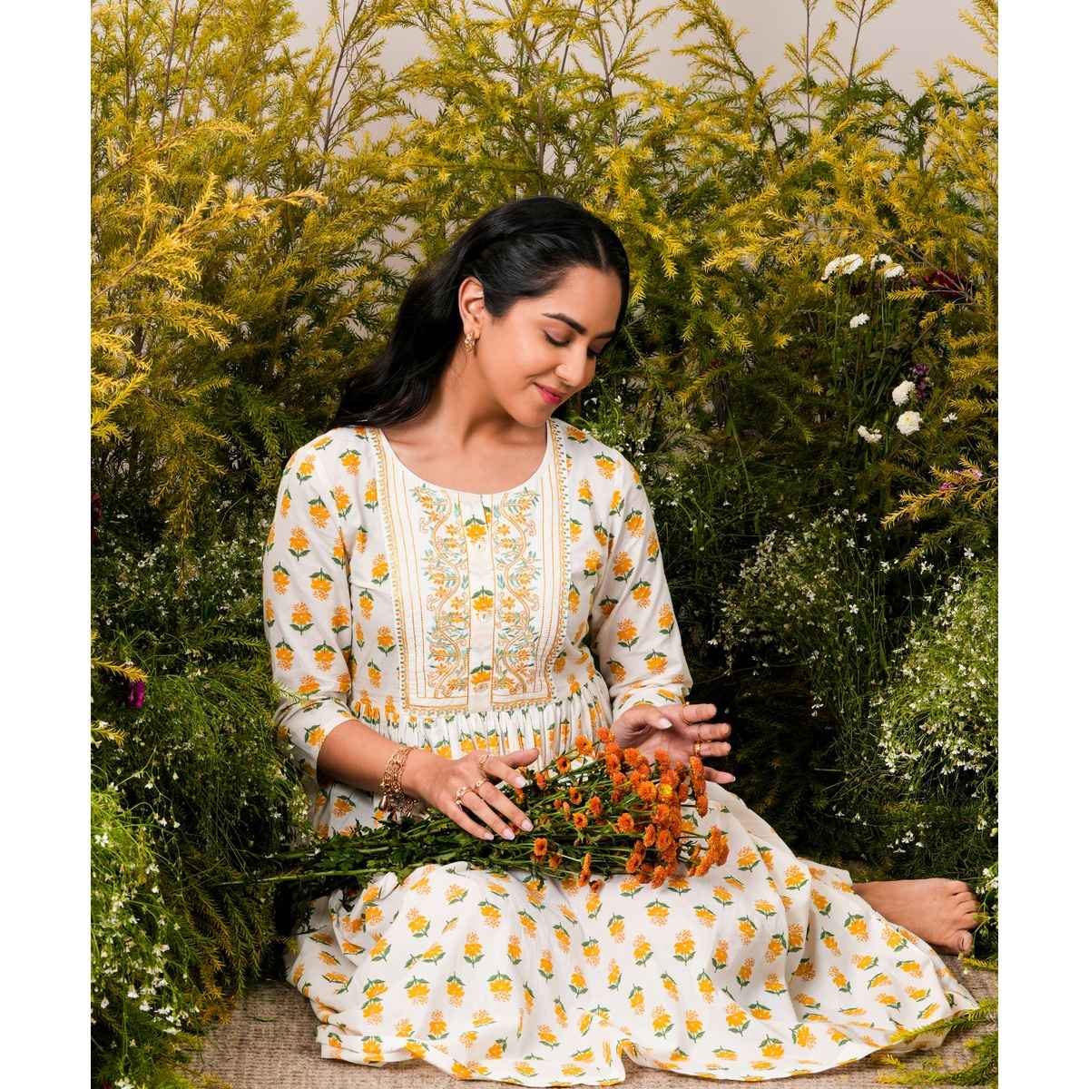 Libas Floral Printed Women's Dress With Embroidered Yoke & Pleated Style | Mustard White | XL
