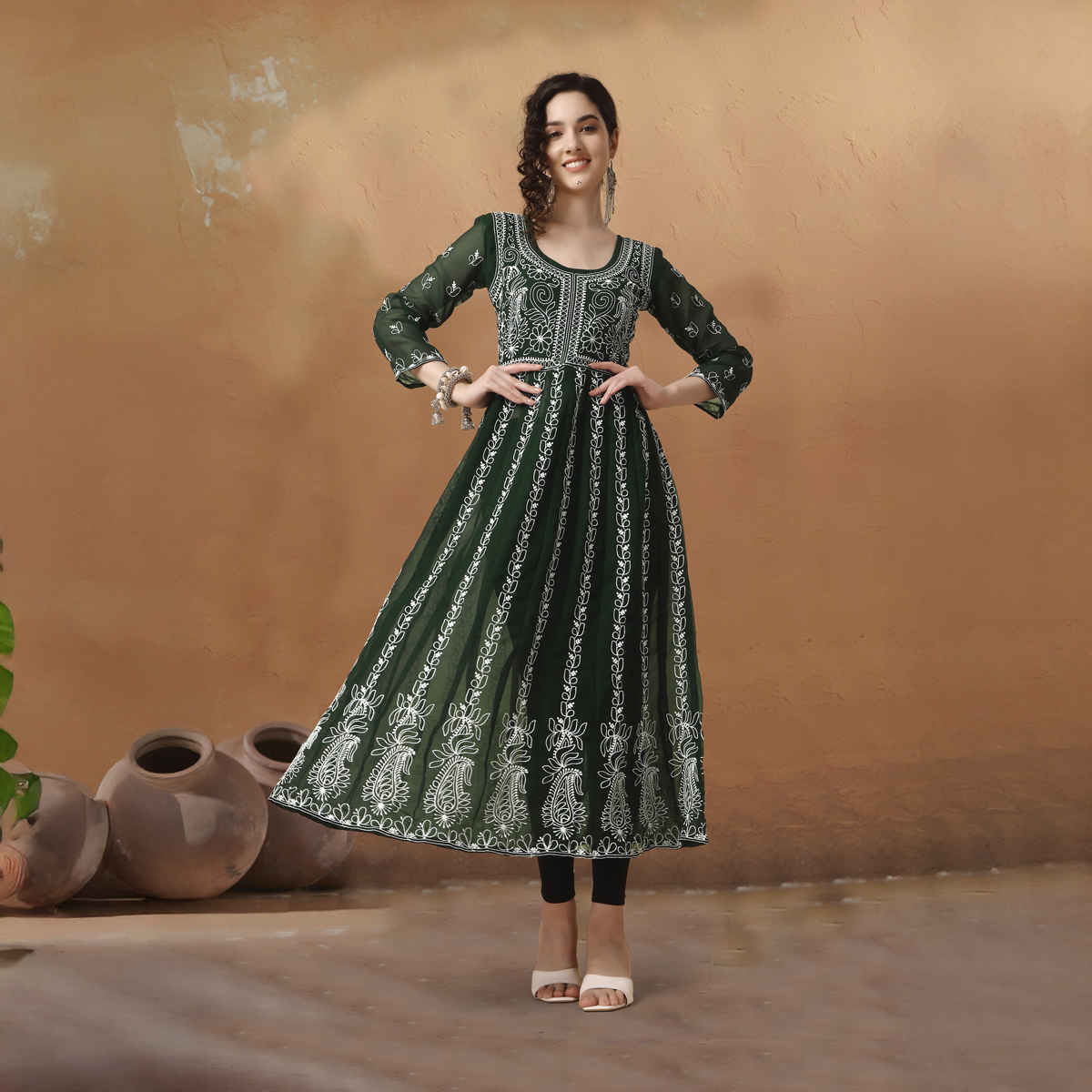 Youthnic Georgette Chikankari Embroidery Anarkali Kurta | B19 - Apsara Bottle Green | XL