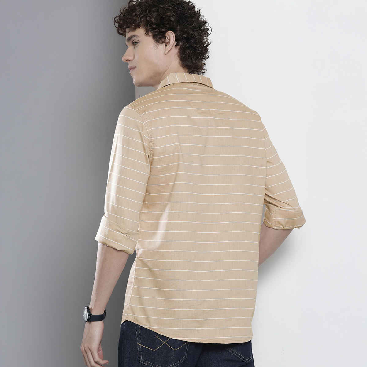 The Indian Garage Co Men's Slim Fit Striped Casual Shirt | Khaki - S