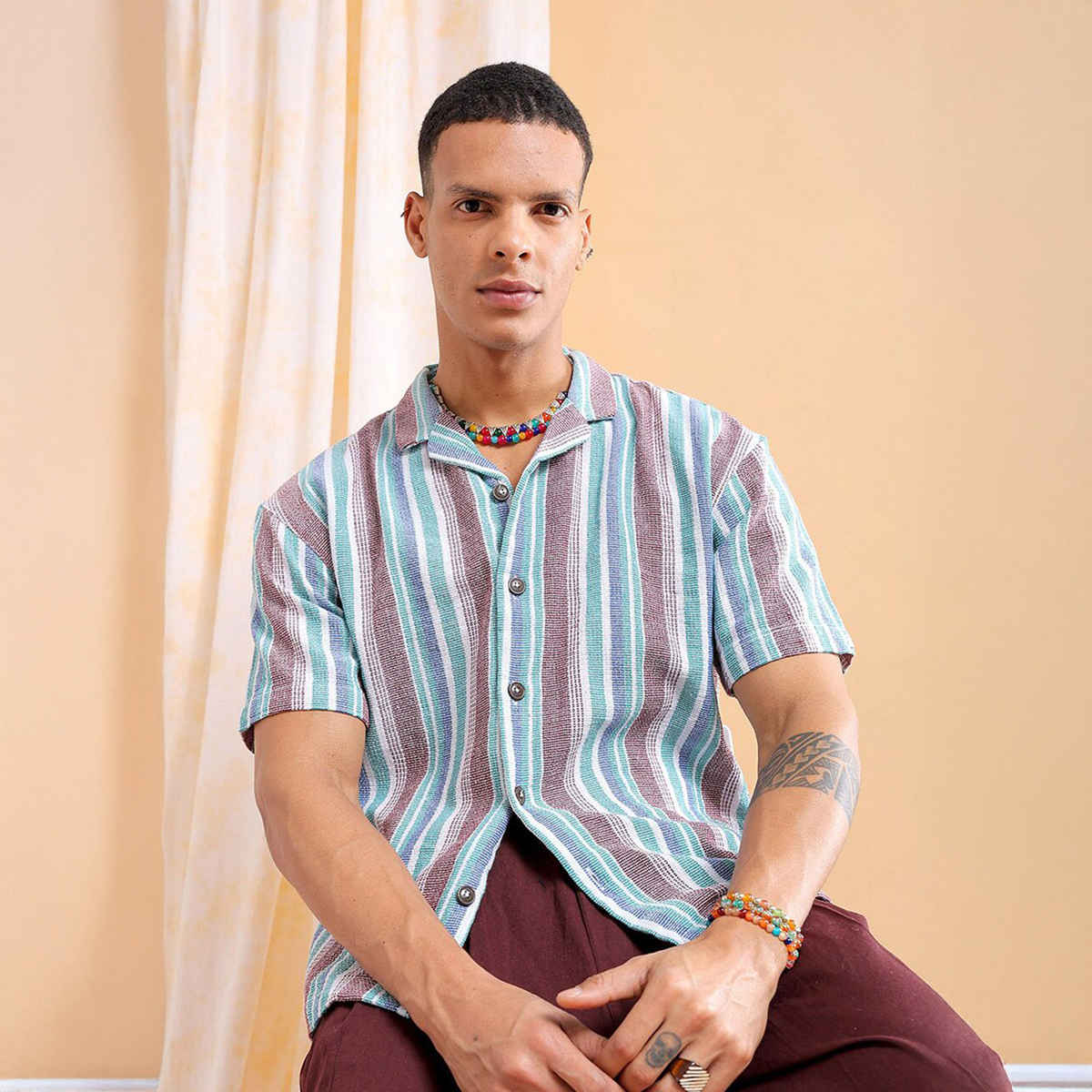 The Indian Garage Co Men's Relaxed Fit Striped Resort Half Sleeve Shirt | Maroon - S