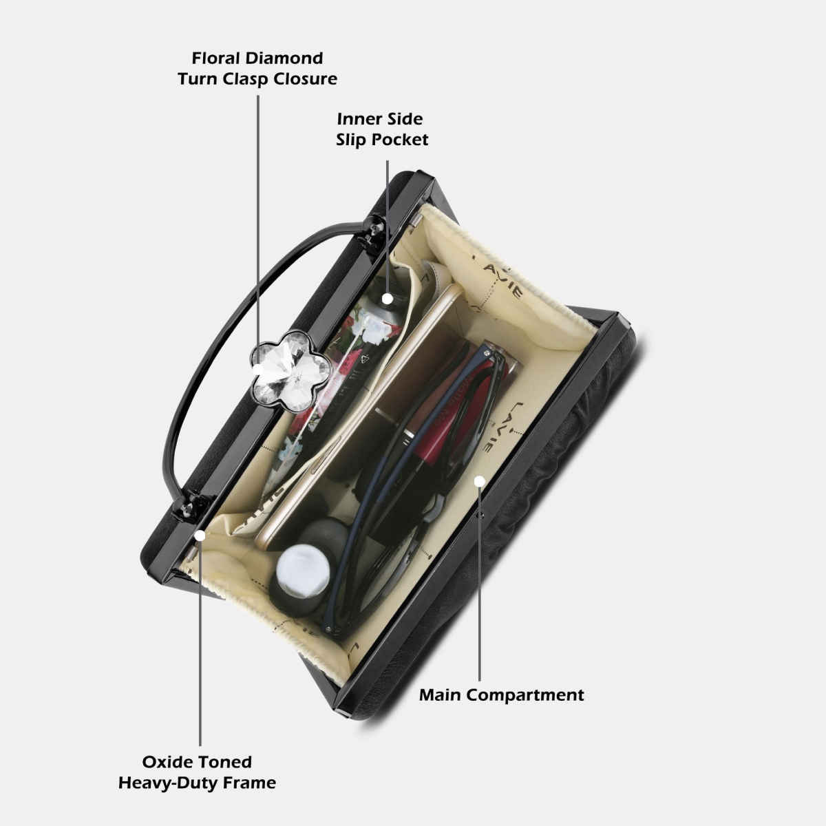 Lavie Women's Ivy Side Brooch Handle Frame Clutch | Small | Black (20 X 4 X 14 Cm)