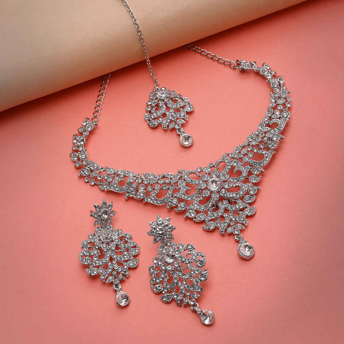 Sukkhi Luminous Rhodium Plated Silver Stone Studded Choker Necklace Set