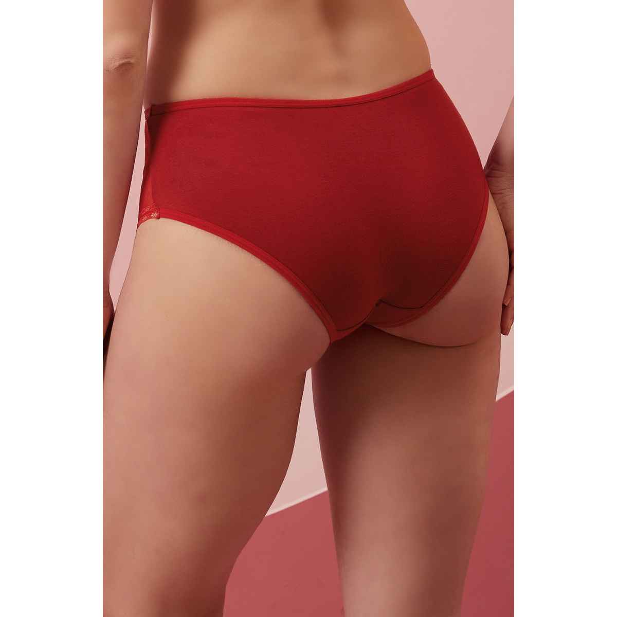 Clovia Mid Waist Hipster Panty in Maroon with Lace Panels - Cotton | PN2587A09 - Maroon - M