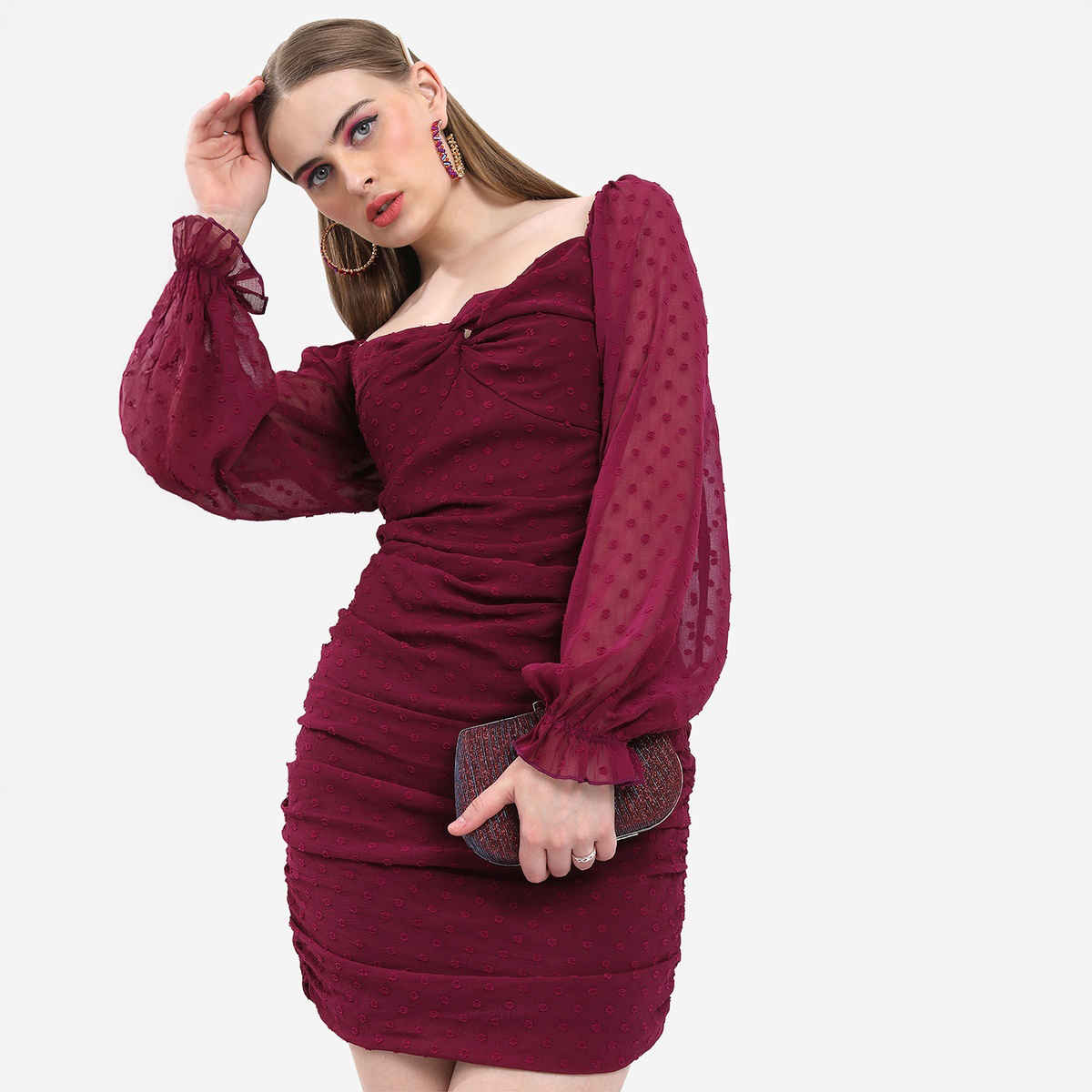 Ketch Women's Self Design Sweetheart Neck Ruched Sheath Mini Dress | Brown - S