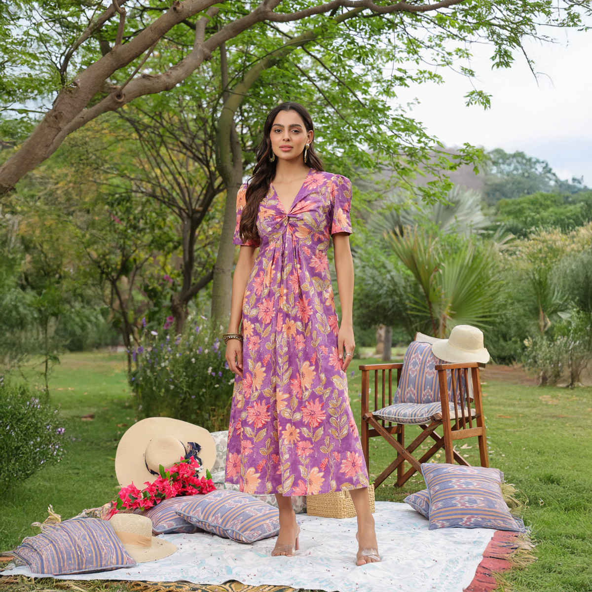 JISORA Women's Printed Cotton Purple Midi Dress | S - D2636