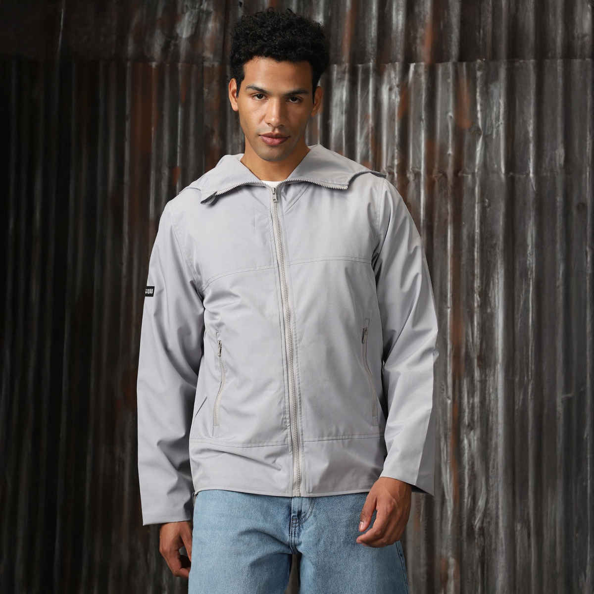 High Star Men's Windcheater Light Winters Hooded Bomber With Badge Detail Jacket | Gray - S