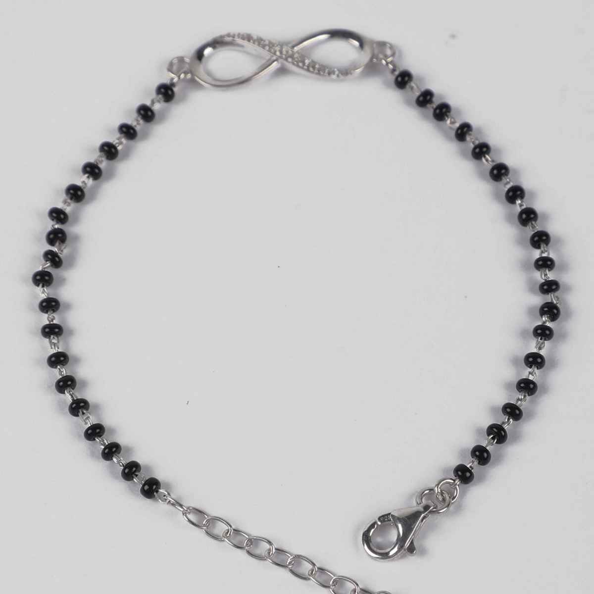 Clara Womens 925 Sterling Silver Infinity Hand Mangalsutra Bracelet | Black Beads | Rhodium Plated