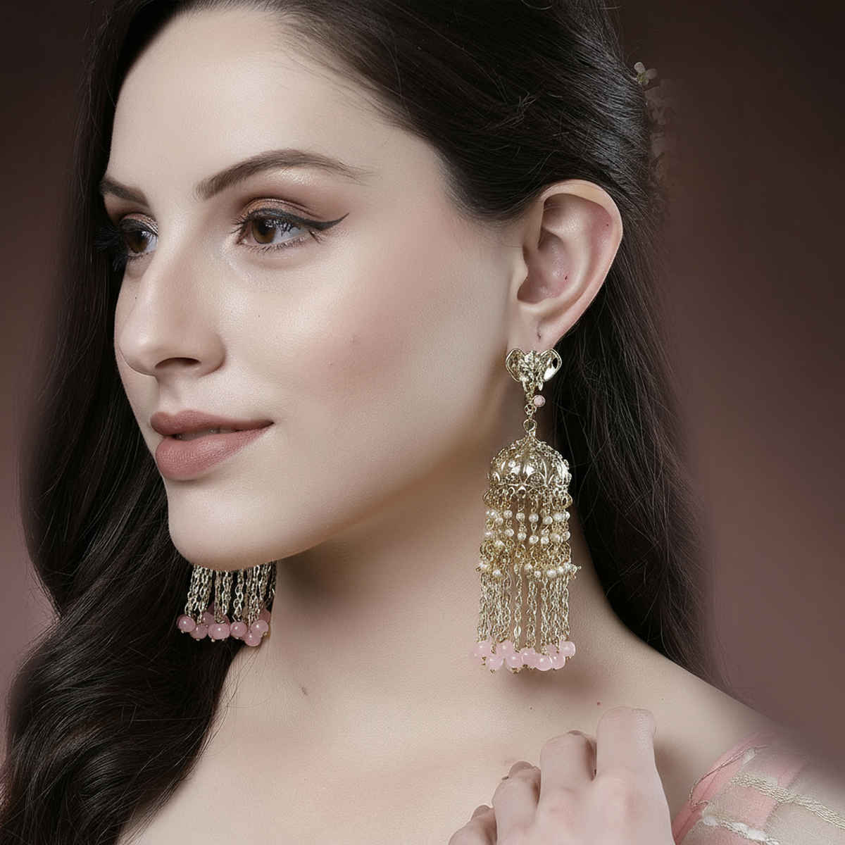 Karatcart Women's Jhumki Earrings Pink and Gold One Size | 33017776