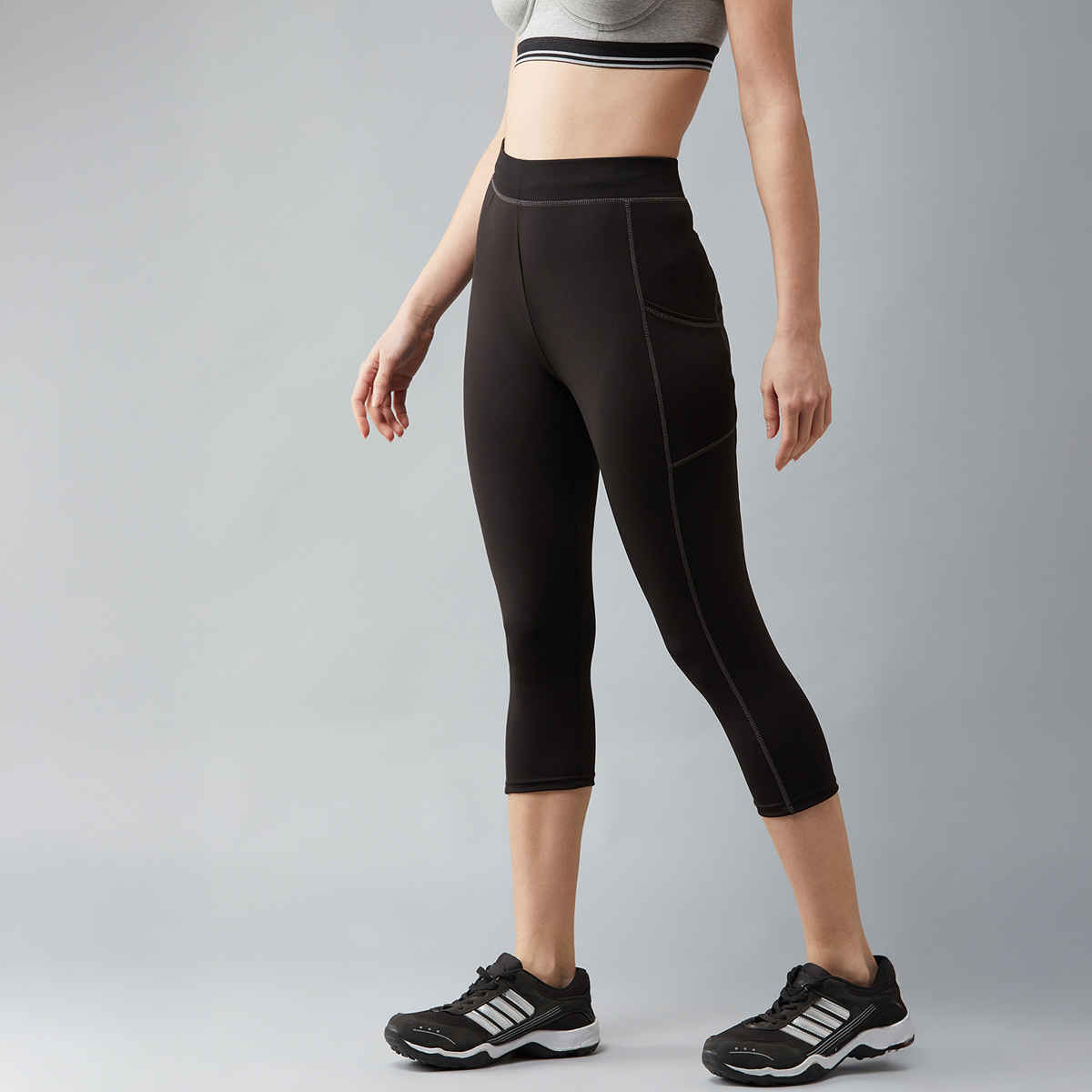 Blinkin Women's 3/4 Gym Tights - Black | Grey | With Side Pockets | S