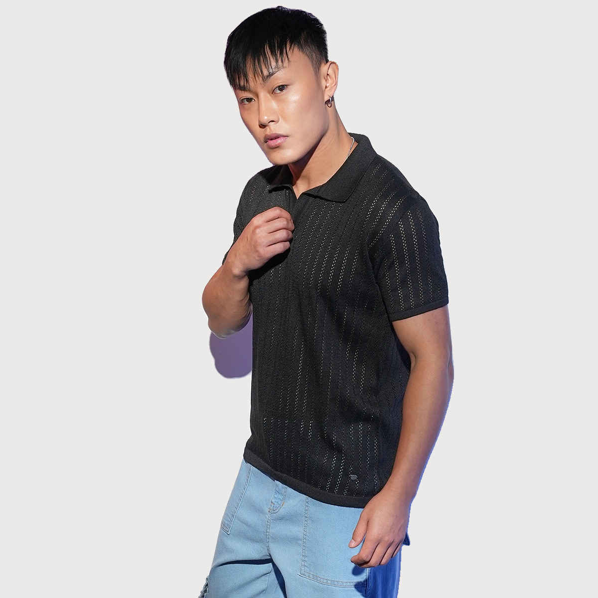 Campus Sutra Men's Stripe - Textured Polo T-shirt | Black - L