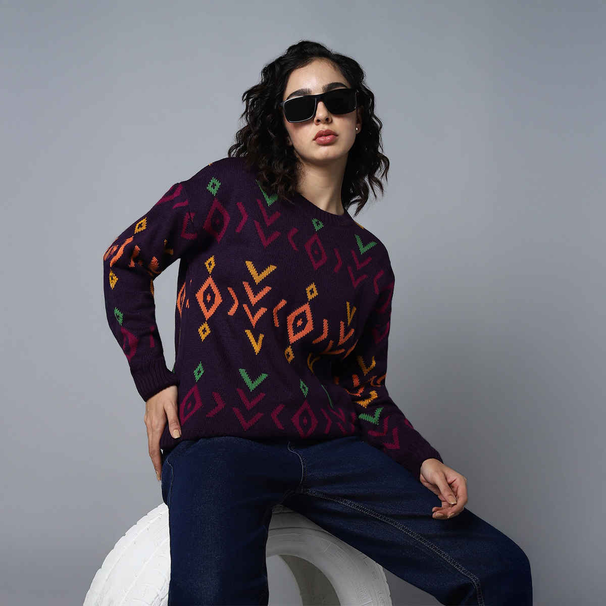 High Star Women's Geometric Printed Pullover Sweater | Purple - L