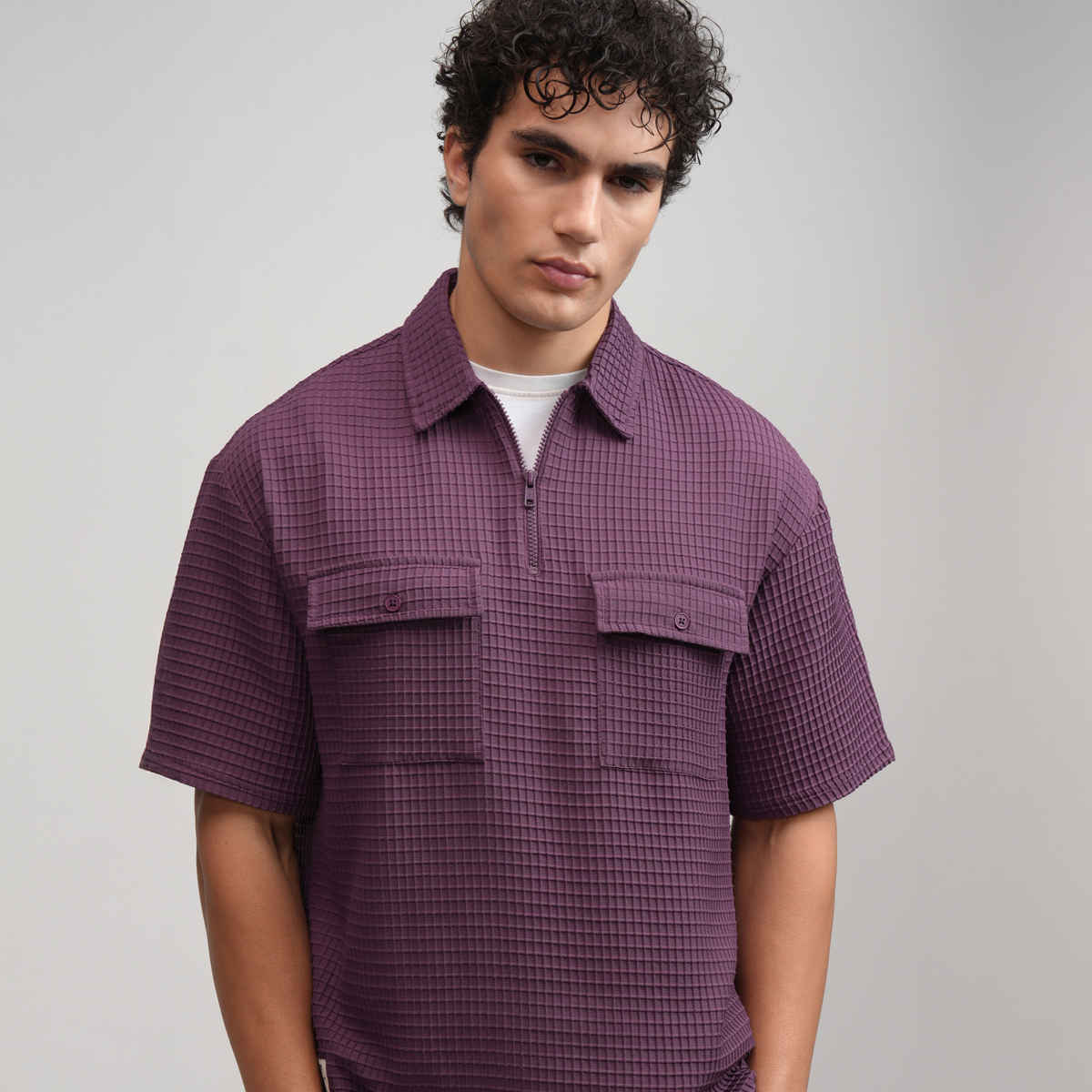 Highlander Men Popcorn Textured Solid Polo Collar Oversized T-shirt | Plum | XL
