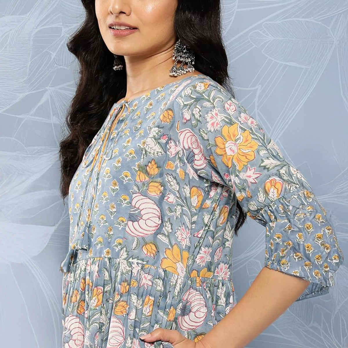 Libas Women Blue Cotton Floral Fit And Flare Midi Dress - 26335S