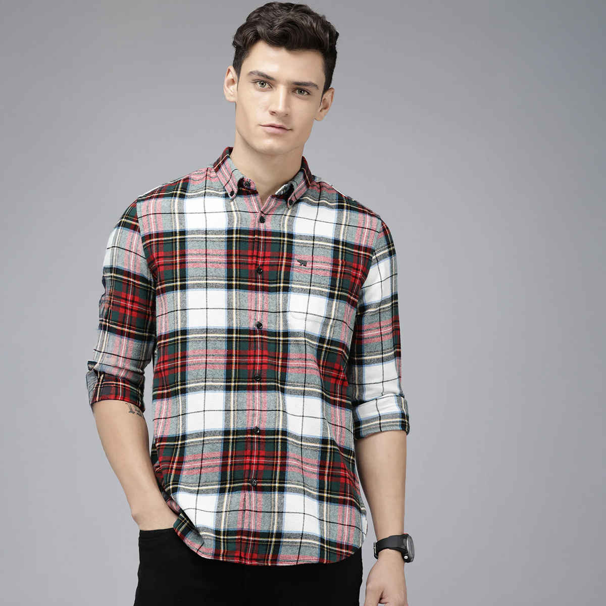 The Bear House Men Slim Fit Checked Flannel Cotton Casual Shirt - Tai | Multicolor | M