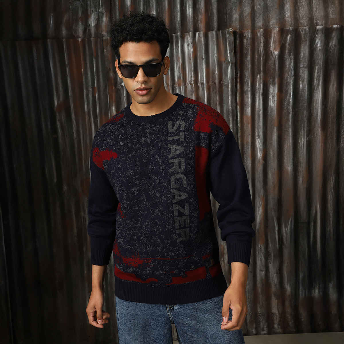 High Star Men's Abstract Pattern Relaxed Fit Pullover | Blue - L