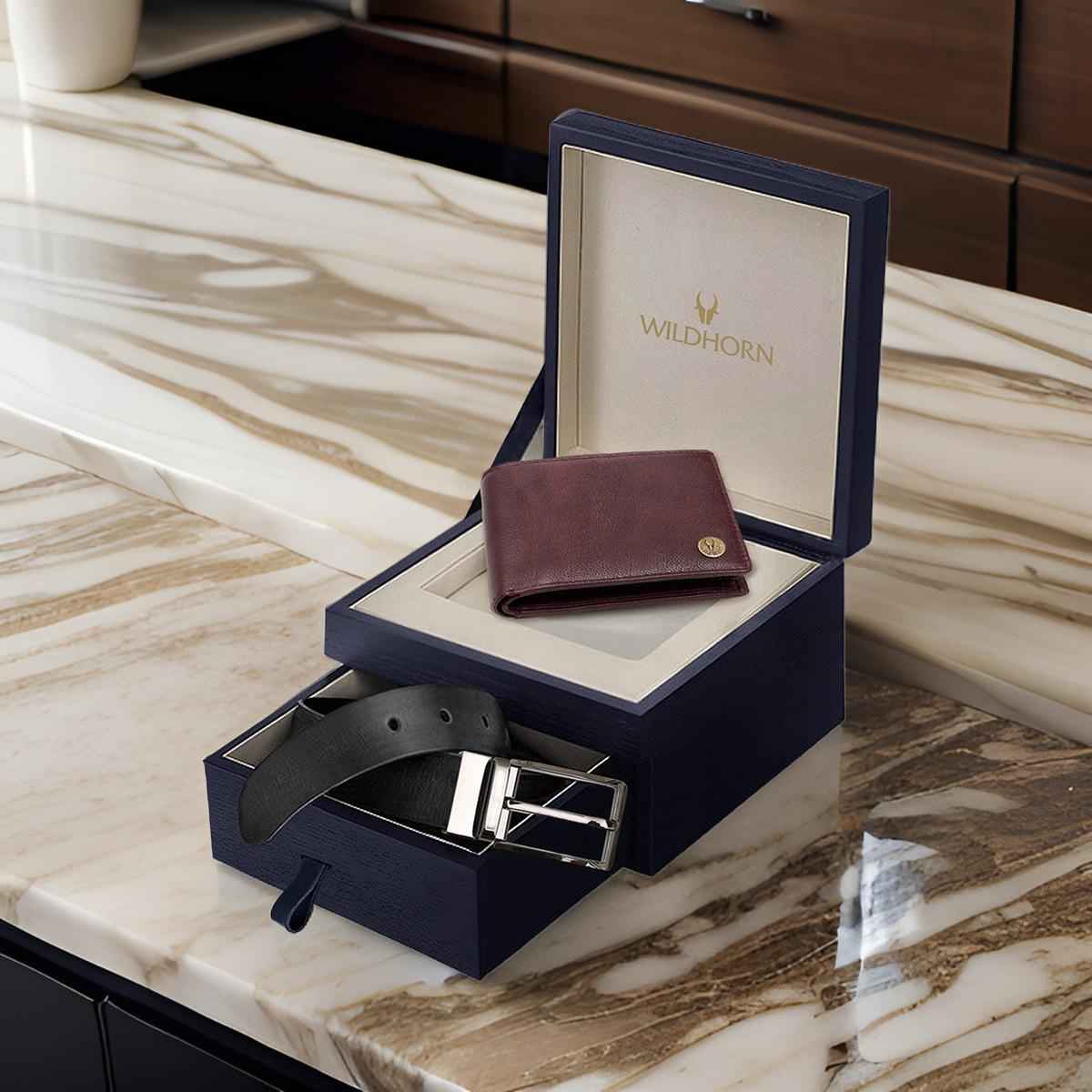 Wildhorn Men's Solid Genuine Leather Wallet and Belt Combo | Maroon - One Size