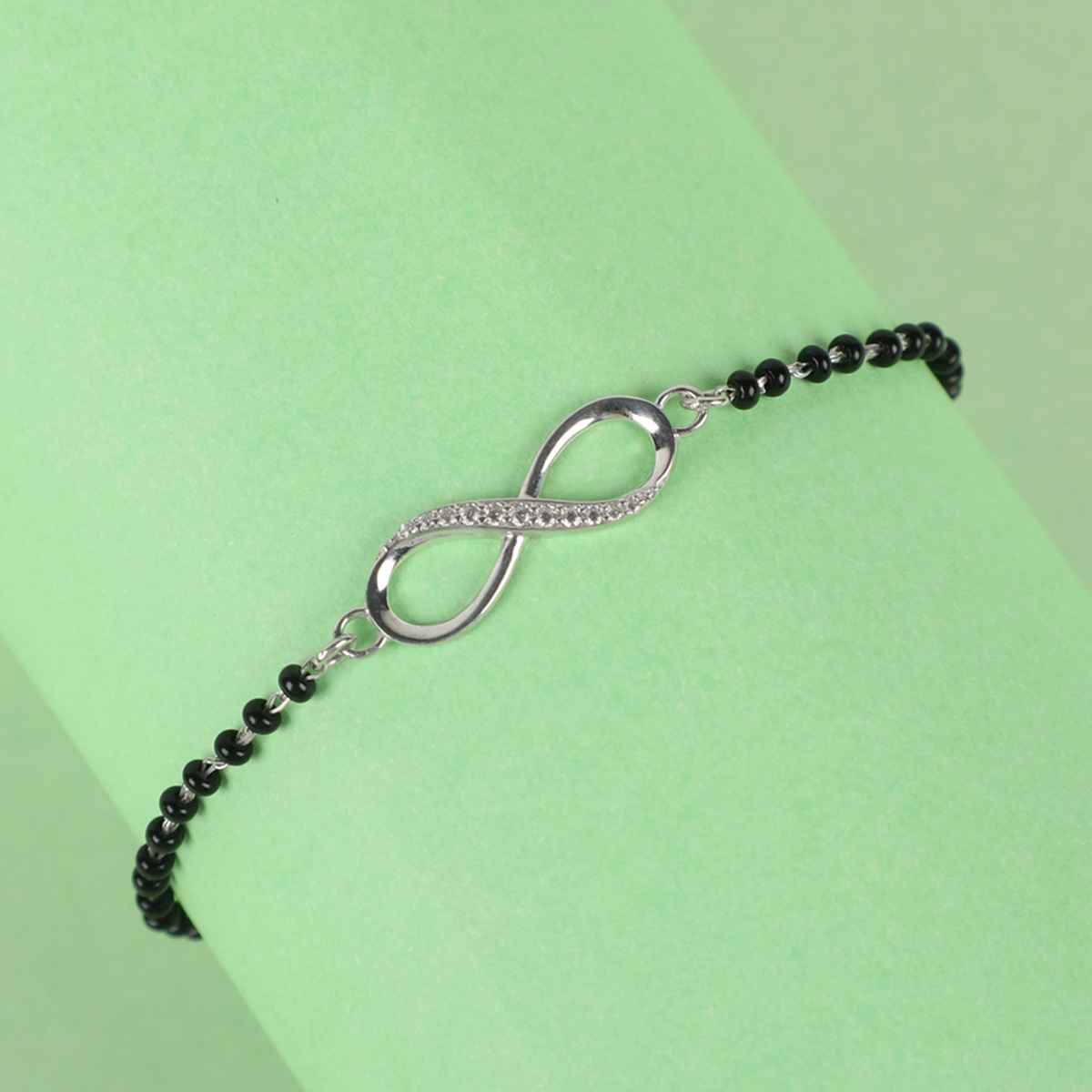 Clara Womens 925 Sterling Silver Infinity Hand Mangalsutra Bracelet | Black Beads | Rhodium Plated