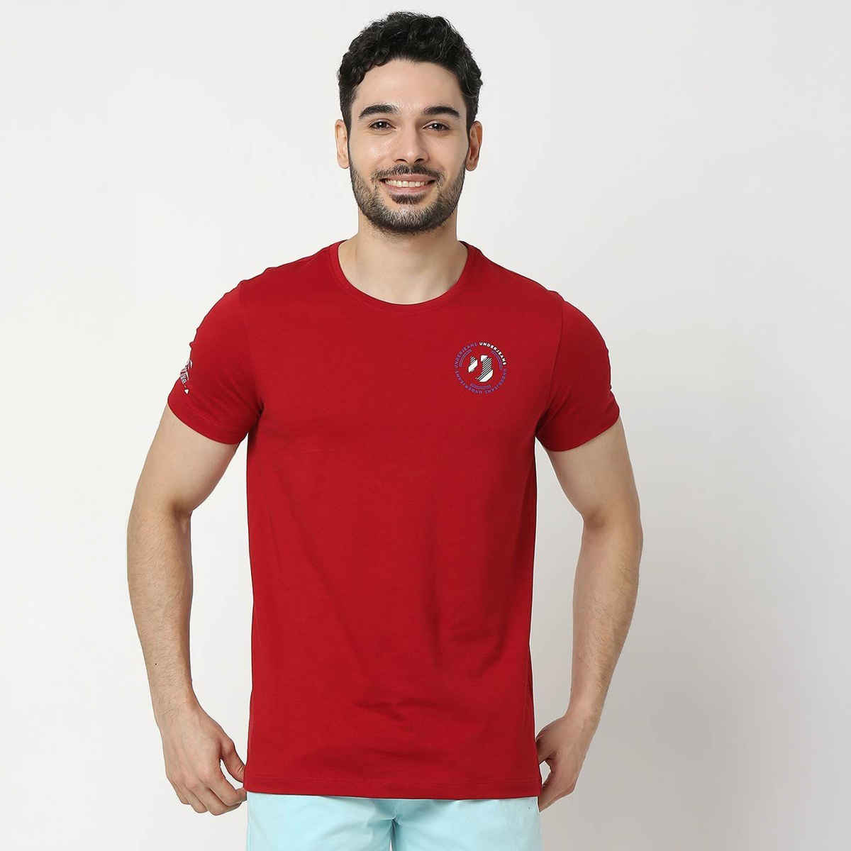 Underjeans by Spykar Men Pure Cotton T-shirt | Deep Red - M