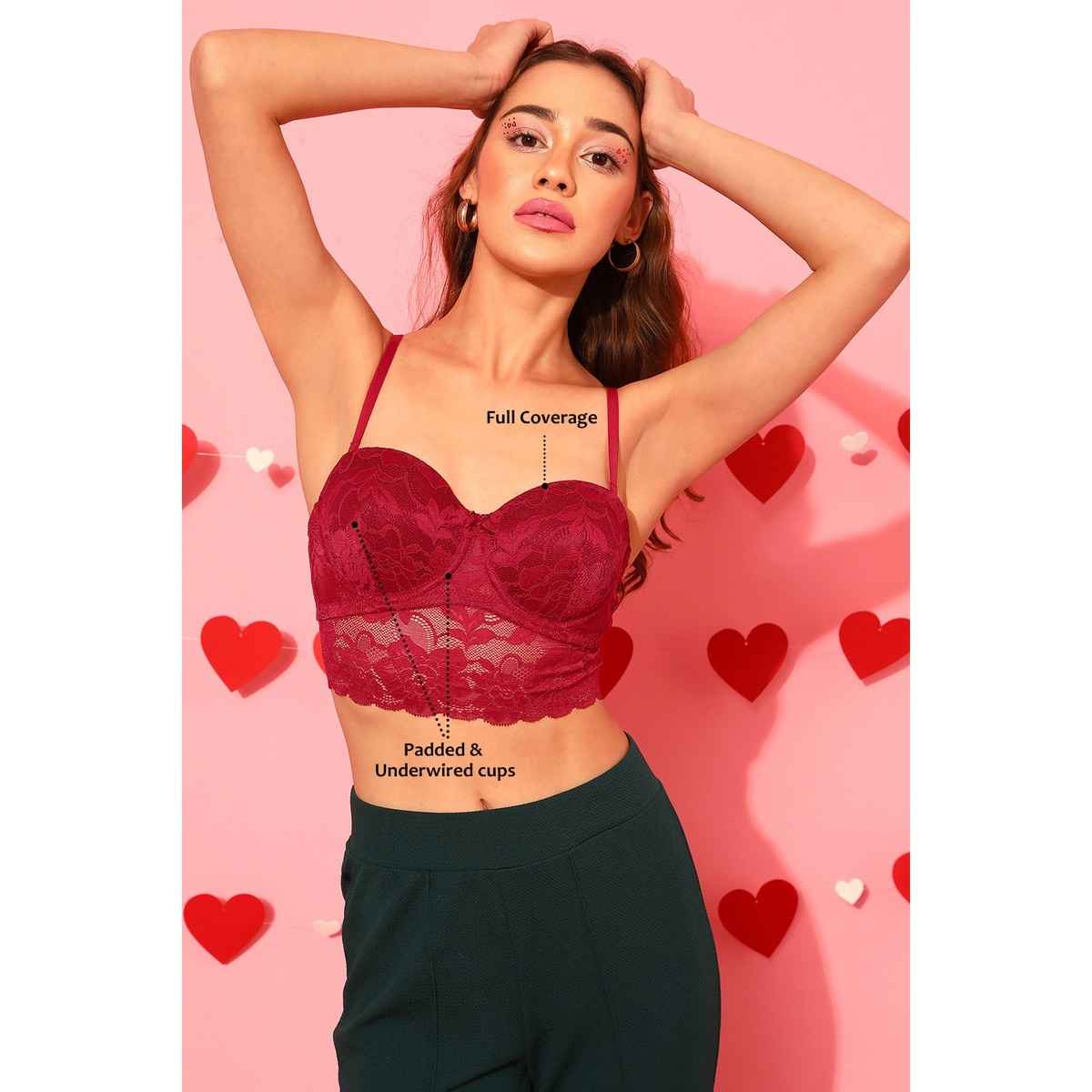 Clovia Women Padded Underwired Full Coverage Multiway Longline Bralette - Lace | Red | 38C