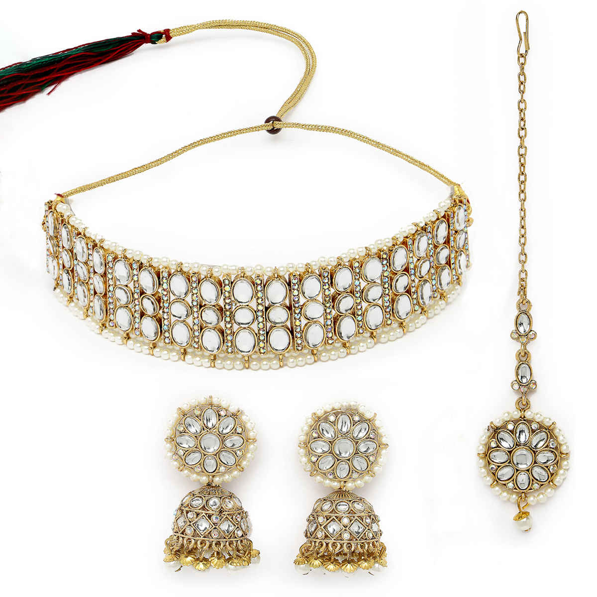 Sukkhi Traditionally Gold Plated White Kundan & Beads Studded Collar Necklace Set