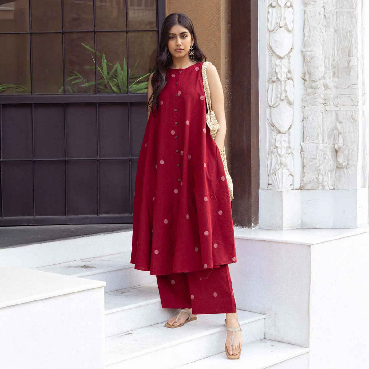 GoSriKi Women's Viscose Rayon Anarkali Polka Print Kurta with Palazzo | Red - L