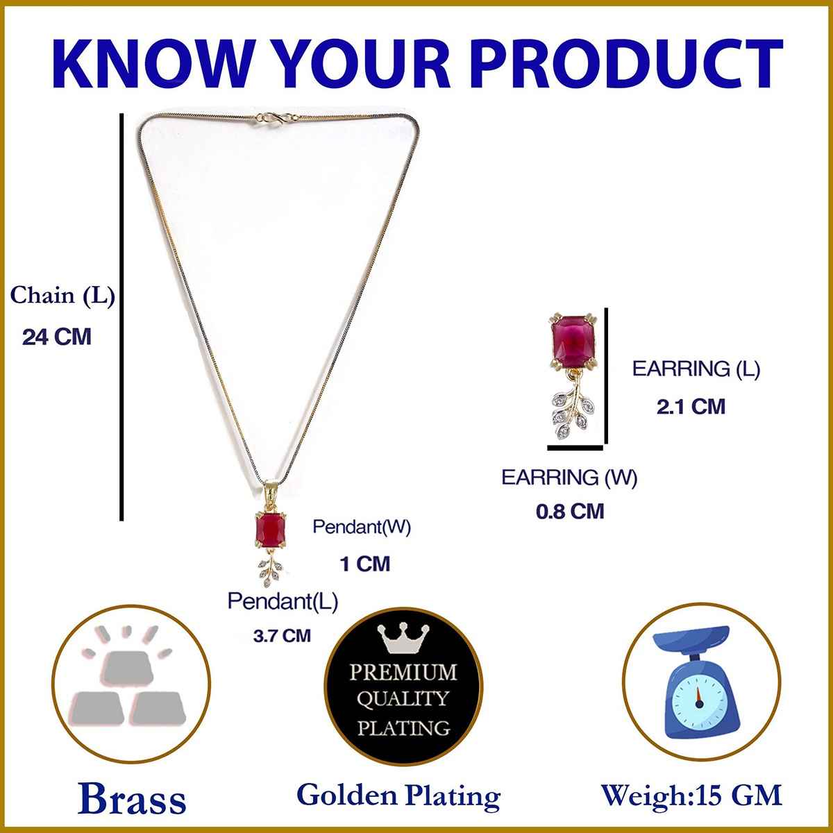 Zeneme Gold Plated Red CZ-AD Stone Drop Leaf Pendant Necklace Set With Earring For Women & Girls