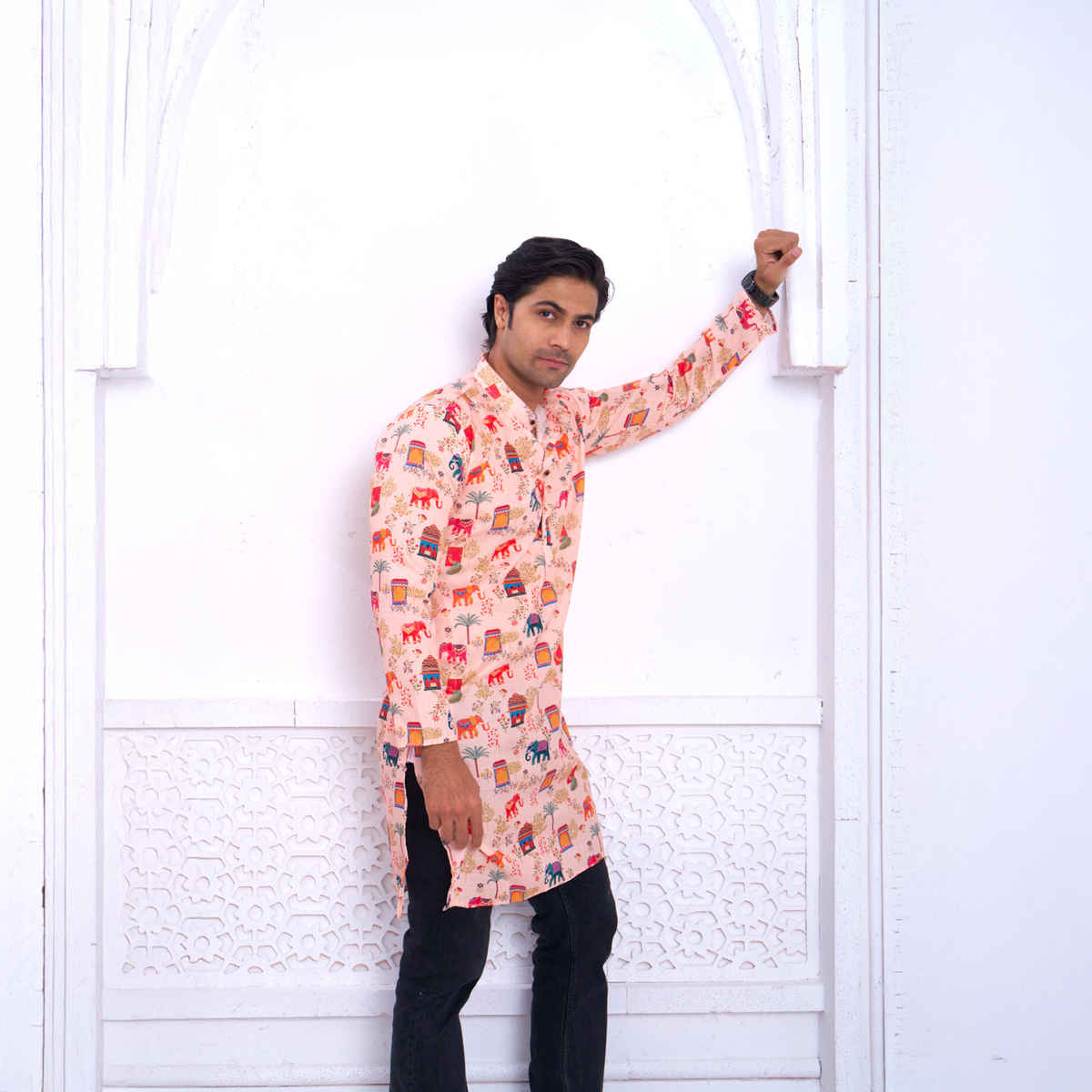 House Of Festivals Men's Printed Cotton Blend Ethnic Design Long Kurta | Multicolor - M
