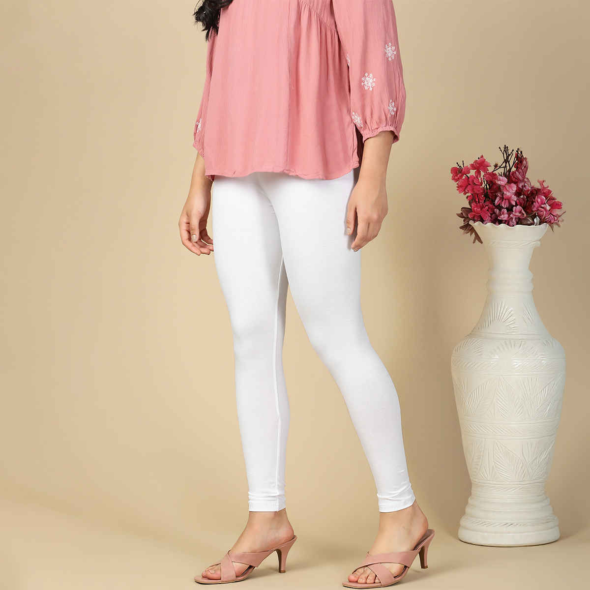 PYNK By Lux Cozi Flexi-Fit 360 Stretch Ankle Length Premium Cotton Leggings | White|Free Size