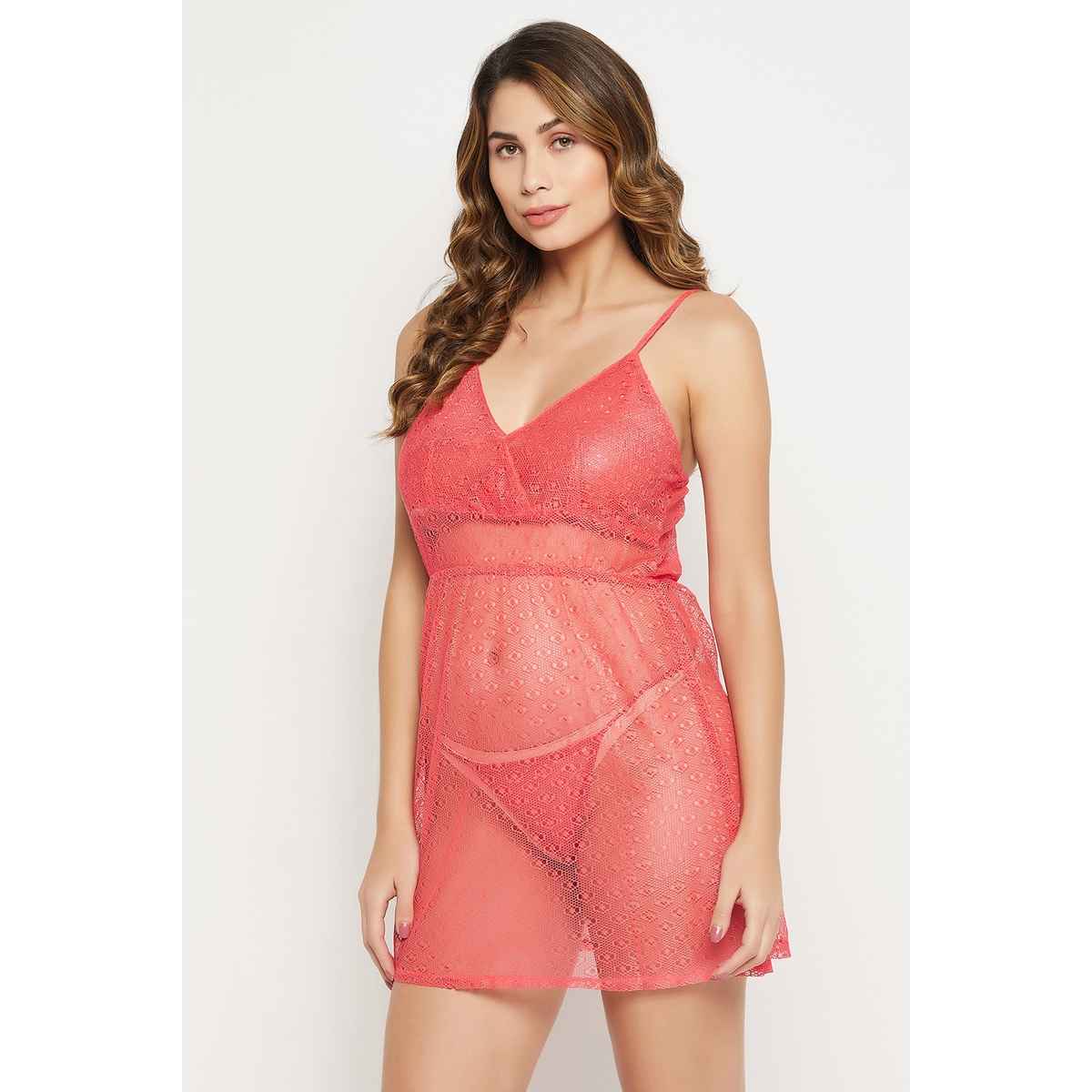 Clovia Chic Basic Semi-Sheer Babydoll in Pink with G-string - Lace | NS1300A14 | Pink | XL