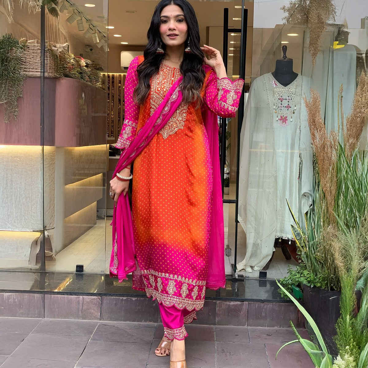 GoSriKi Women's Rayon Blend Straight Embroidered Kurta with Pant & Dupatta | LASIVAN | Pink - XL