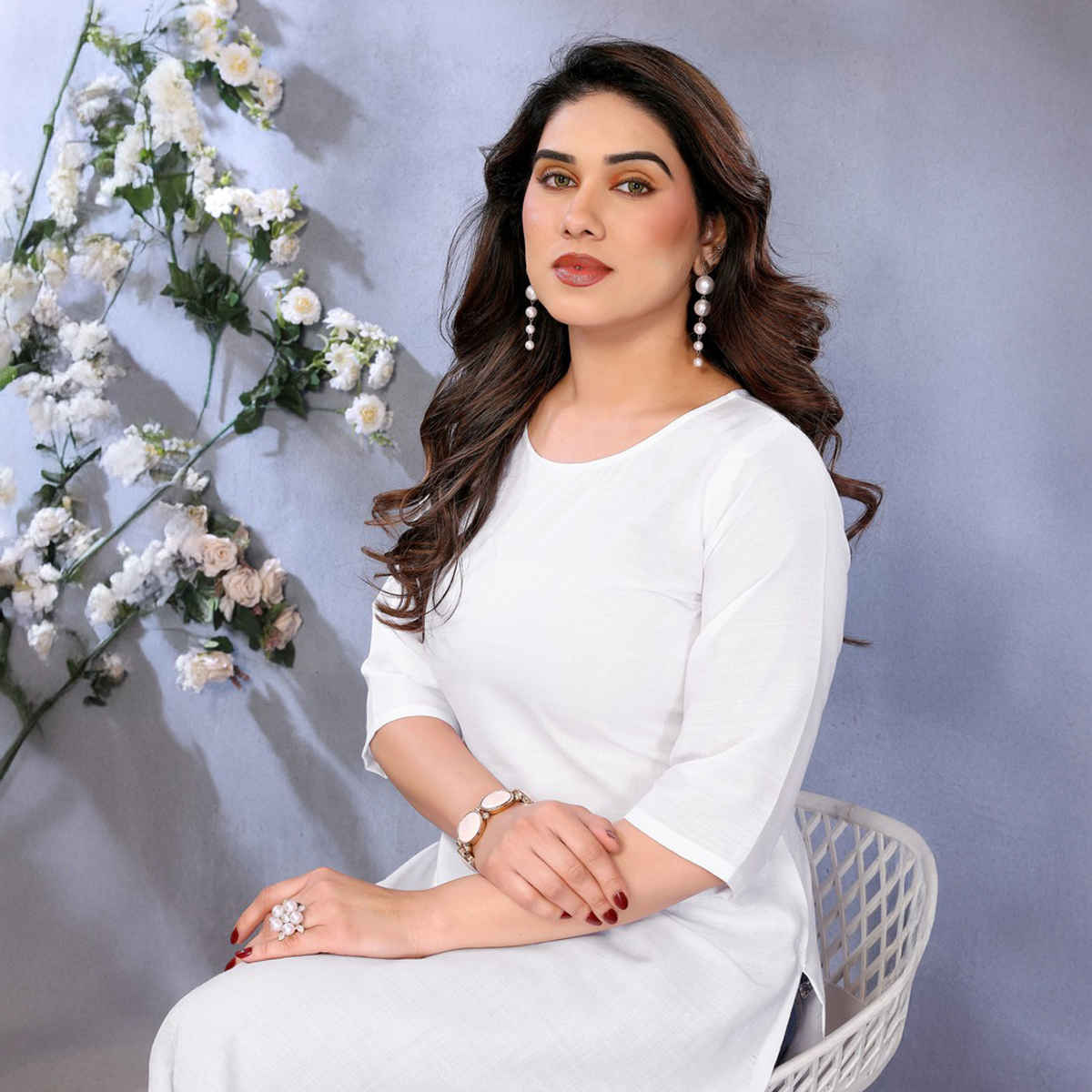 Riglozi White 3/4 Sleeves Cotton Made White Long Round Neck Regular wear Kurti for Women | XL