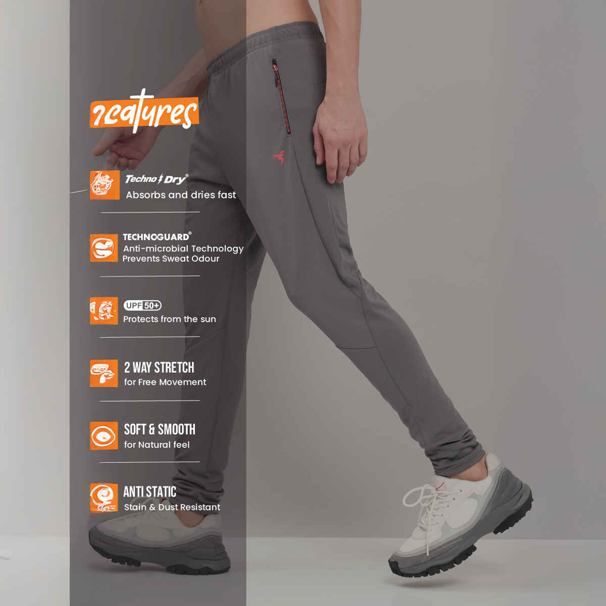 Technosport Men's Solid Slim Fit Sports Running Active Gym Trackpants | TECHNO DRY | Iron Grey - L