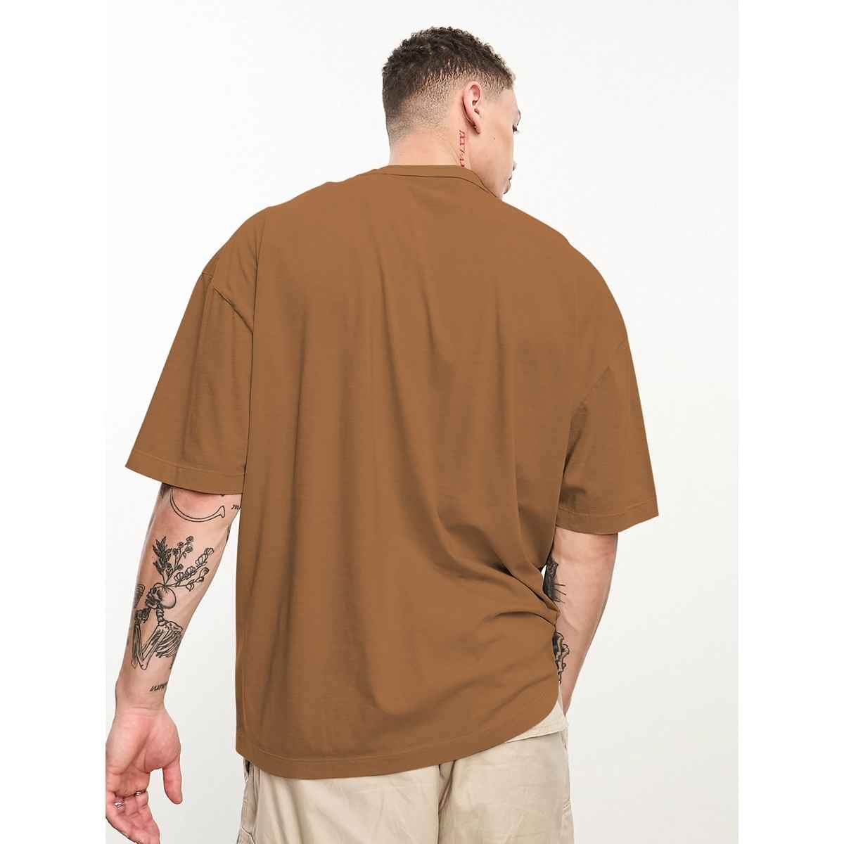 Chkokko Men's Oversized Solid Round Neck T-shirt | Golden Brown - XL