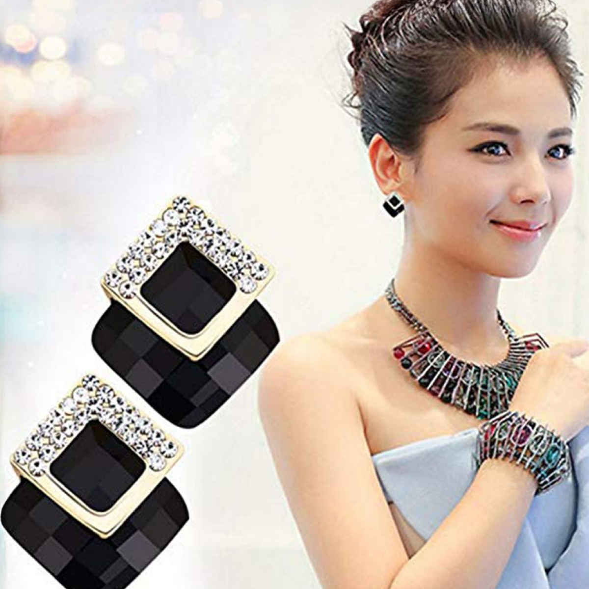 Youbella Fashion Jewellery Crystal Stud Earrings For Girls And Women (Black)(Ybear - 32073)