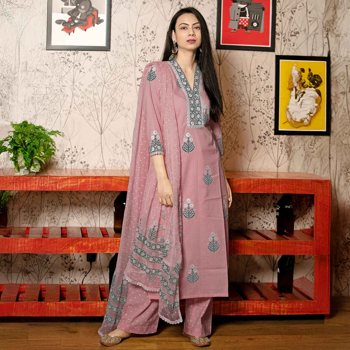 GoSriKi Women's Rayon Blend Straight Printed Kurta with Pant & Dupatta | BELAGAVI | Purple - M