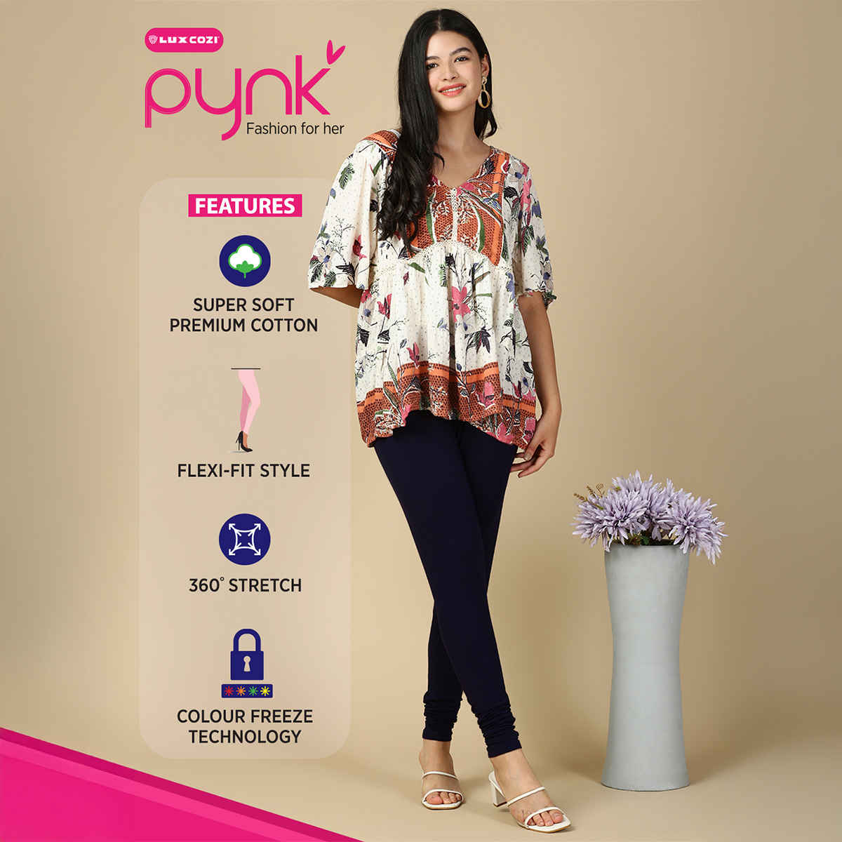 PYNK By Lux Cozi Women Ultra Soft 360 Stretch Premium Cotton Churidar Leggings | Blue|Free Size