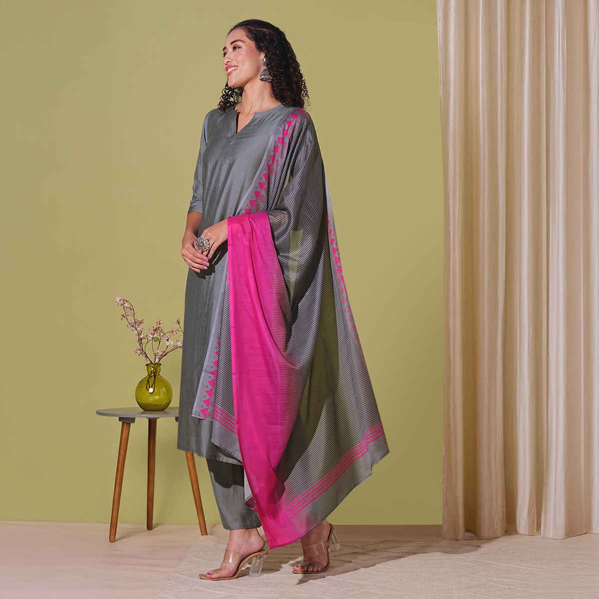 GoSriKi Women's Viscose Rayon Straight Solid Kurta with Pant & Dupatta | MOGUL | Grey - S