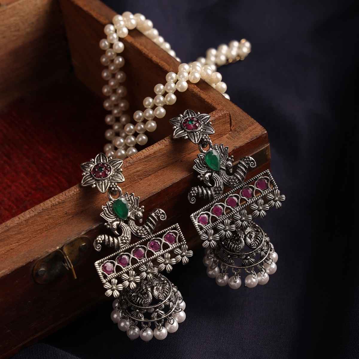 Aatmana Pink & Green Oxidised Silver-Plated German Silver Stone Studded & Beaded Jhumkas
