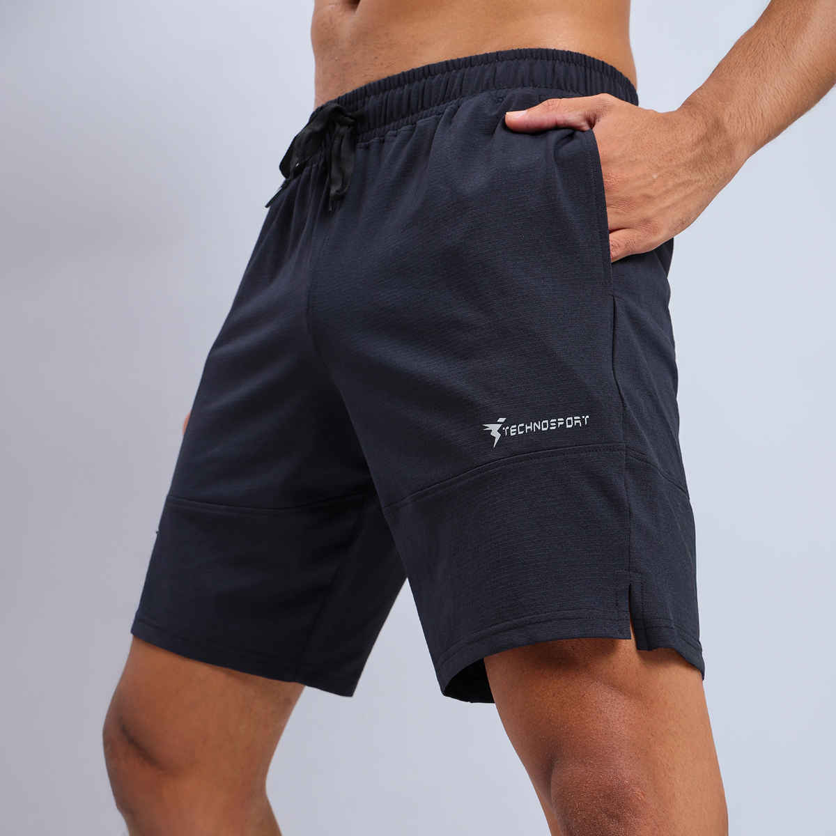 Technosport Men Poly Solid Relax Fit Sports Shorts with ELASTO LITE | Black | XL
