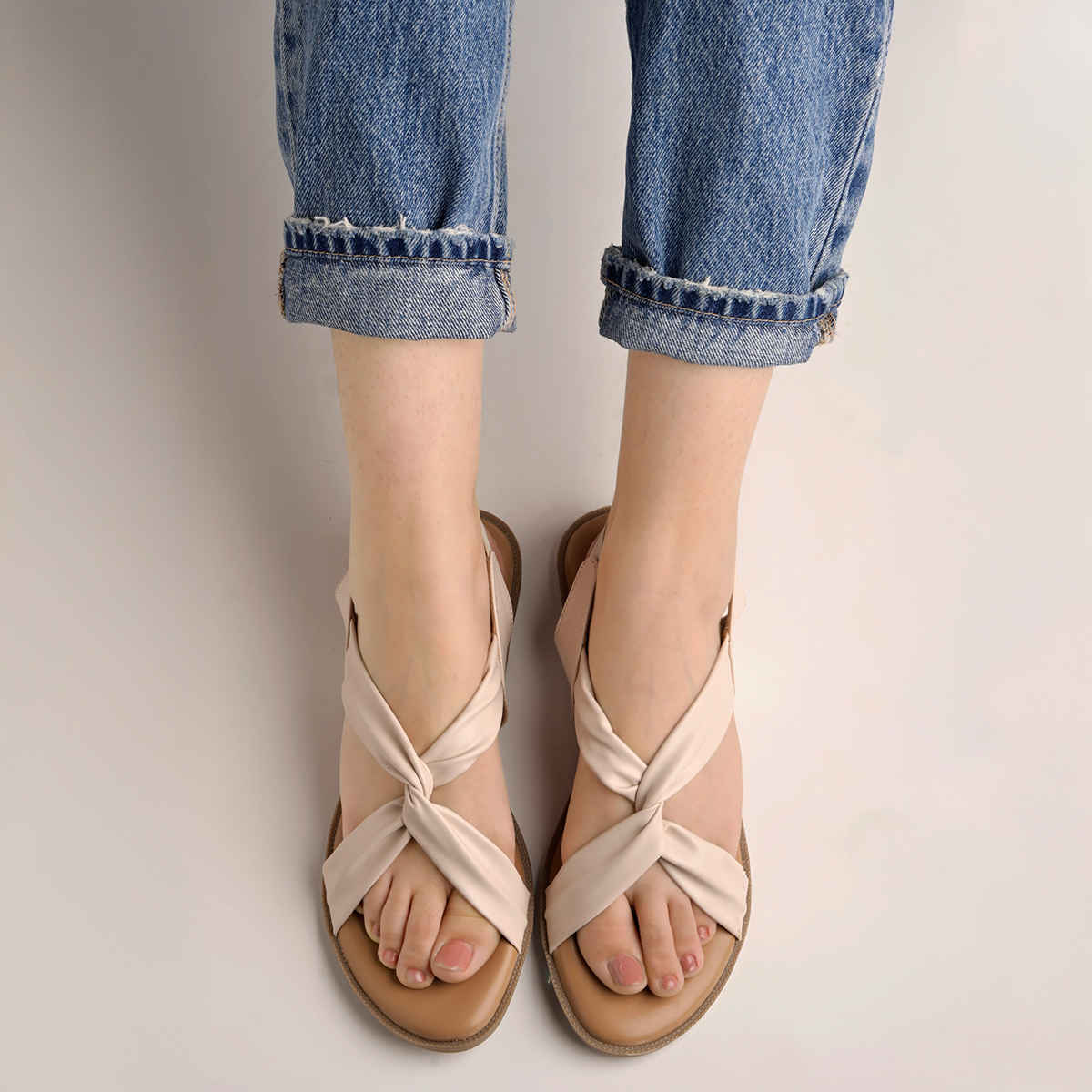 Shoetopia Cross Strap Cream Flat Sandals For Women | UK 9