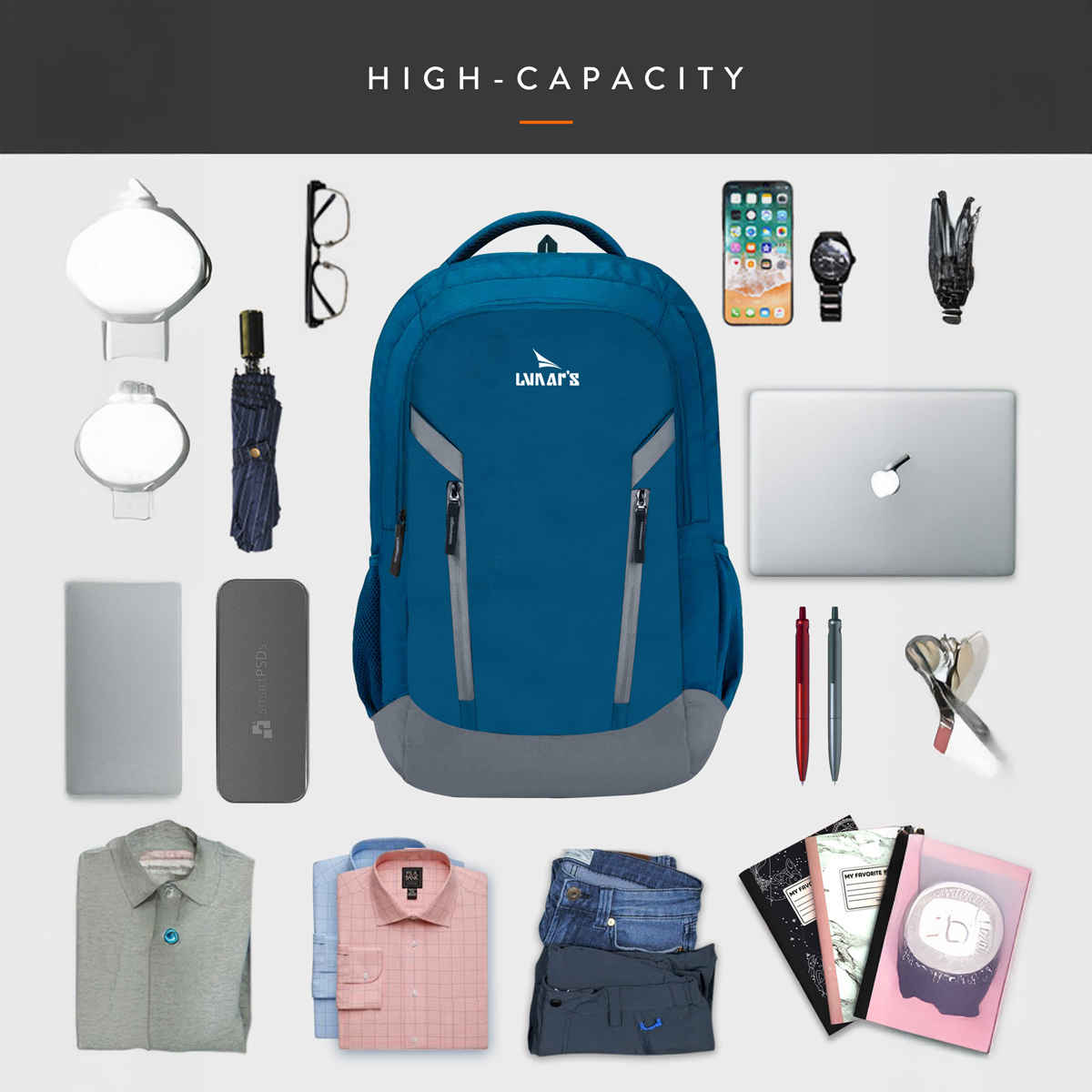 Lunar's Unisex Polyester 48 L Padded Grab Handle Laptop Backpack | Blue and Grey