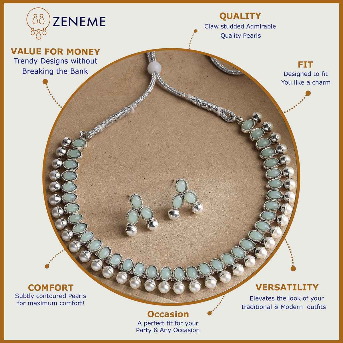 Zeneme Oxidised Silver Traditional Sea Green CZ Necklace With Earrings Jewellery For Women & Girls