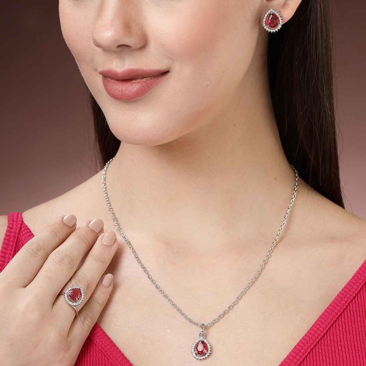 Zeneme Rhodium-Plated Red American Diamond Necklace and Earrings With Ring For Women & Girls