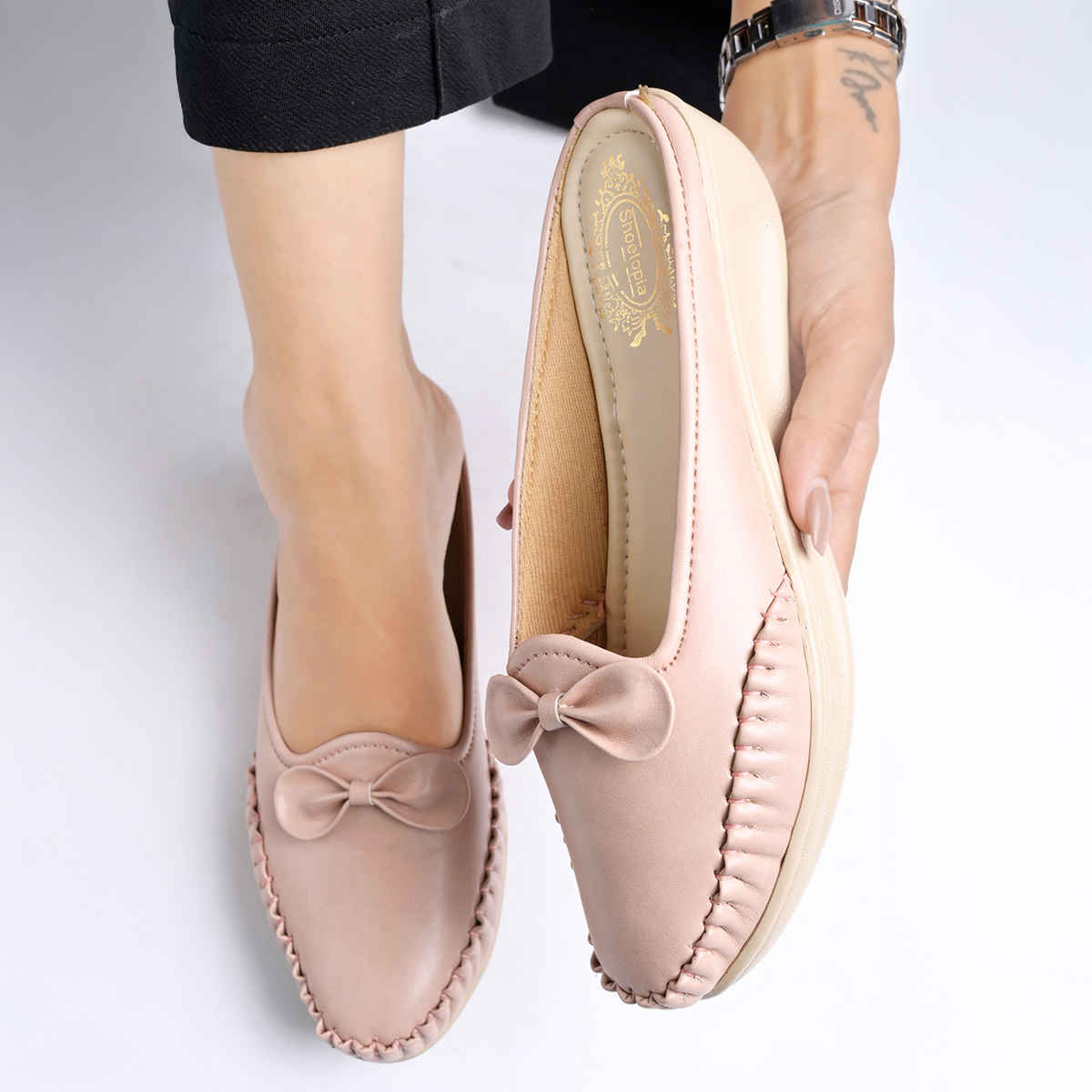 Shoetopia Upper Bow Detailed Peach Slip-On Loafers For Women | UK 5