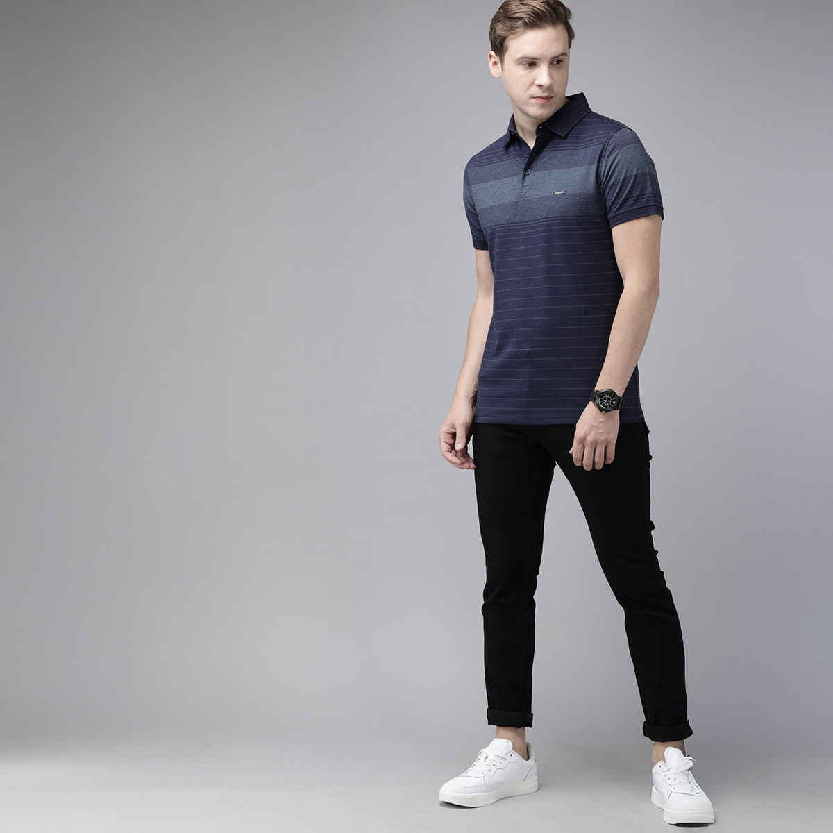 The Bear House Men Vertical Striped Slim Fit Cotton Polo T- Shirt Style-Larsan Color -Blue Size - S