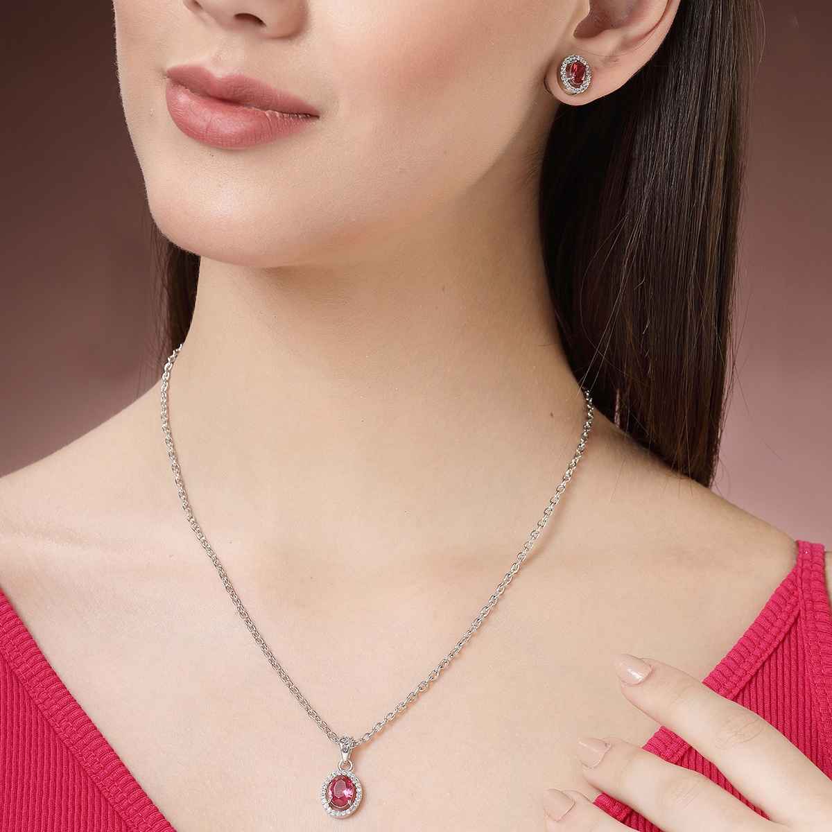 Zeneme Rhodium Plated American Diamond Studded Necklace and Earrings For Women & Girls