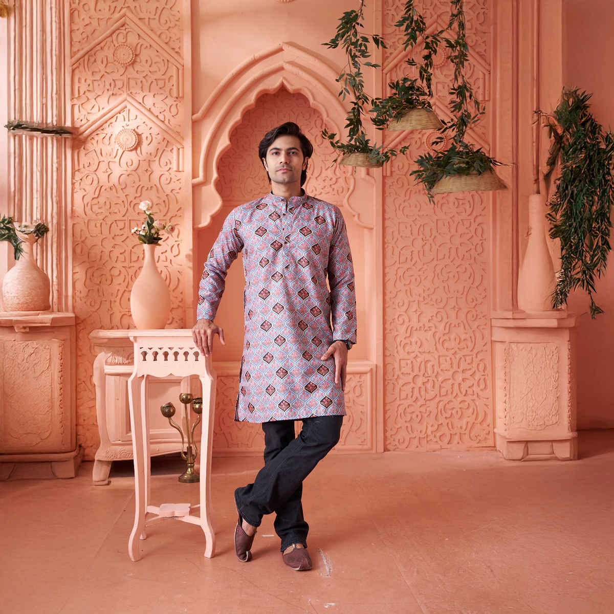 House Of Festivals Men's Printed Cotton Blend Long Kurta | Light Blue - S