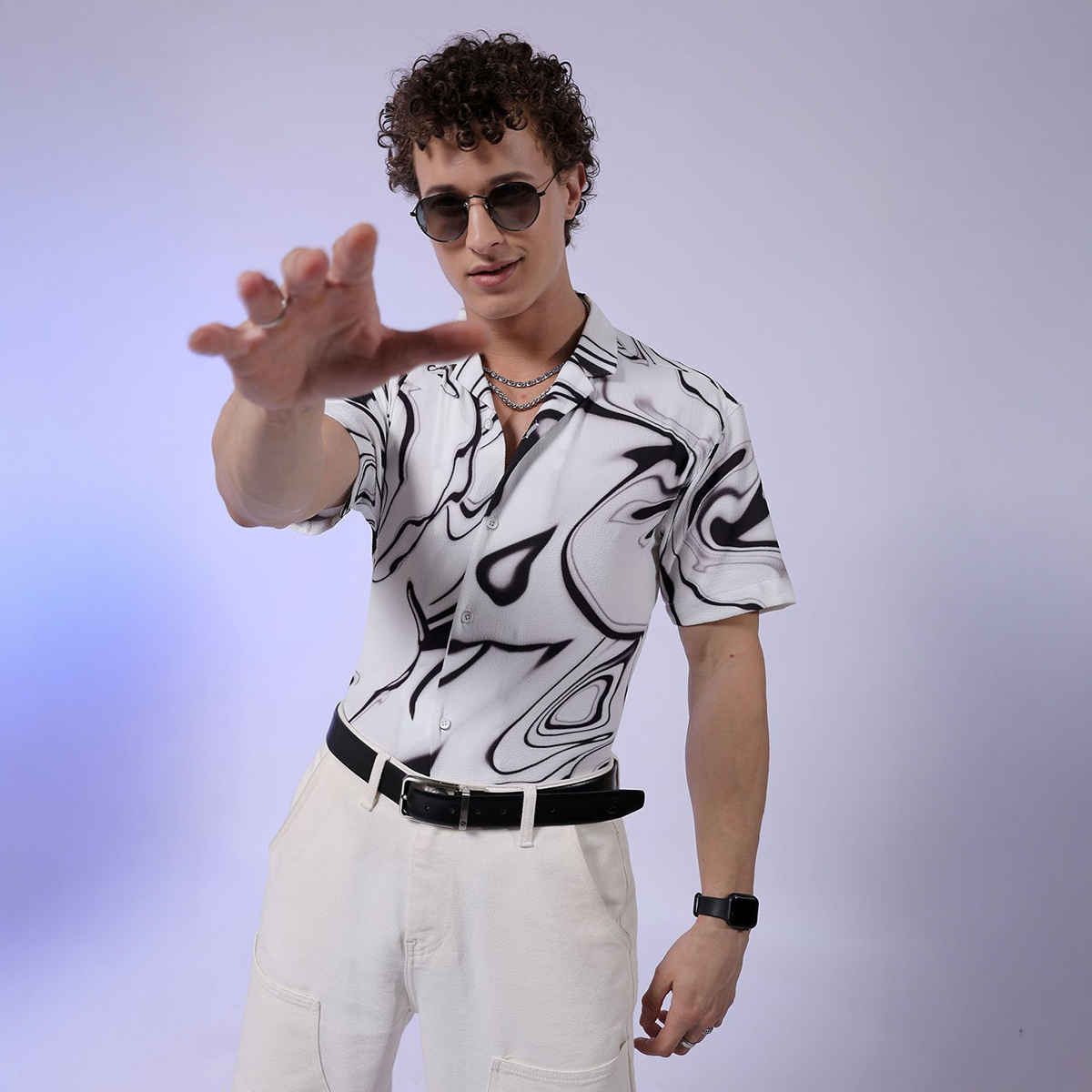 The Indian Garage Co Men's Relaxed Fit Abstract Print Resort Half Sleeve Shirt | White - M