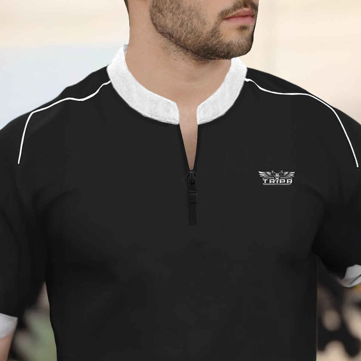 TRIPR Men Cotton Blend Mandarin Collar T-shirt | Black and White - 2XL